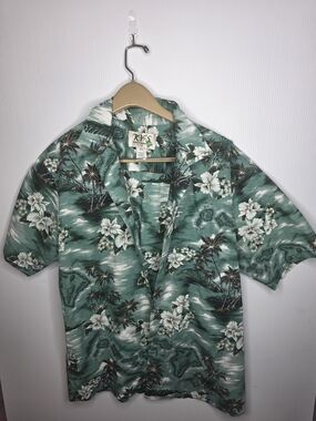 Vintage KY'S Aloha Shirt Size L Made In Hawaii Green Tropical Hibiscus